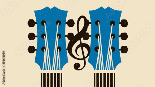 Stylized illustration of two guitar headstocks flanking a musical treble clef on beige background