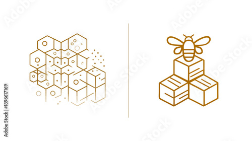 Two-part illustration of geometric beehives and a stylized bee resting on a honeycombed block arrangement