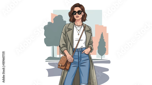 Stylish urban woman strolling along a city street in a blazer and jeans under bright daylight.