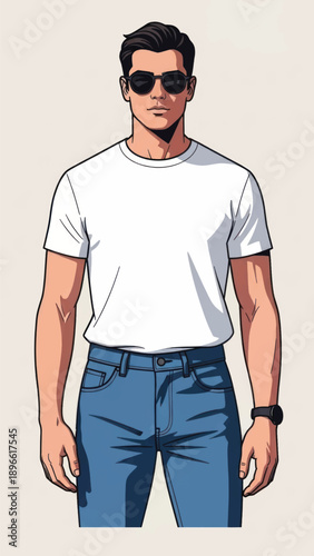 Illustrated man in white t-shirt and jeans wearing sunglasses with casual style.