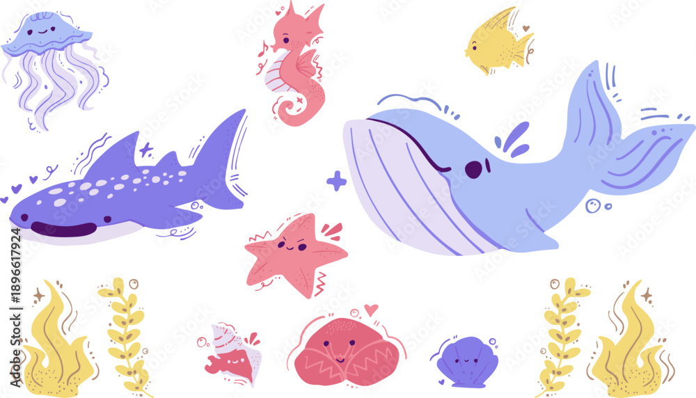 Obraz premium Cute Kawaii Sea Creatures in Blue, Yellow and Pink Set: Whale, Whale Shark, Jellyfish, Seahorse, Shell, Crab and Fish Clipart