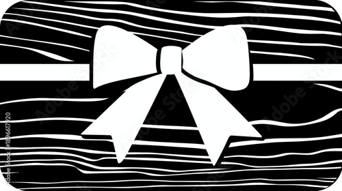 A black and white illustration of a present with a bow on top, showing wood grain details