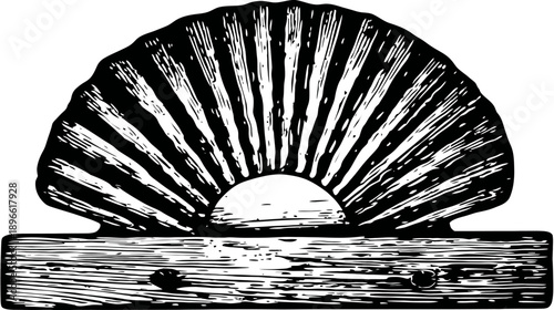 A black and white illustration of a stylized scallop shell atop a wooden block