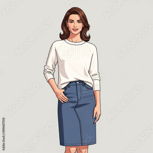 Illustrated woman standing in casual white sweater and blue skirt.