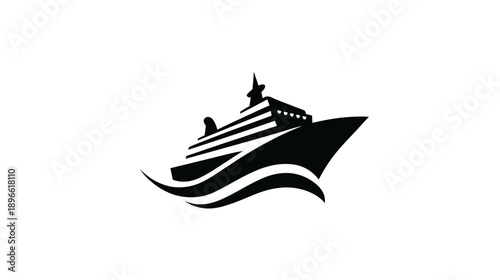 Stylized, black and white image of a cruise ship sailing over waves, isolated on white
