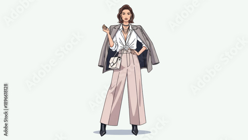 Stylish illustrated woman modeling a chic blazer and cape outfit in a contemporary fashion pose.