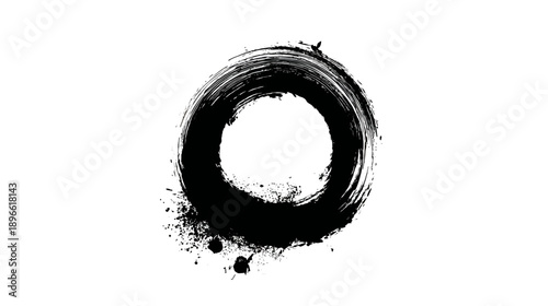 A black, rough-brushed circle shape on a white background, with ink-splatter details at the bottom