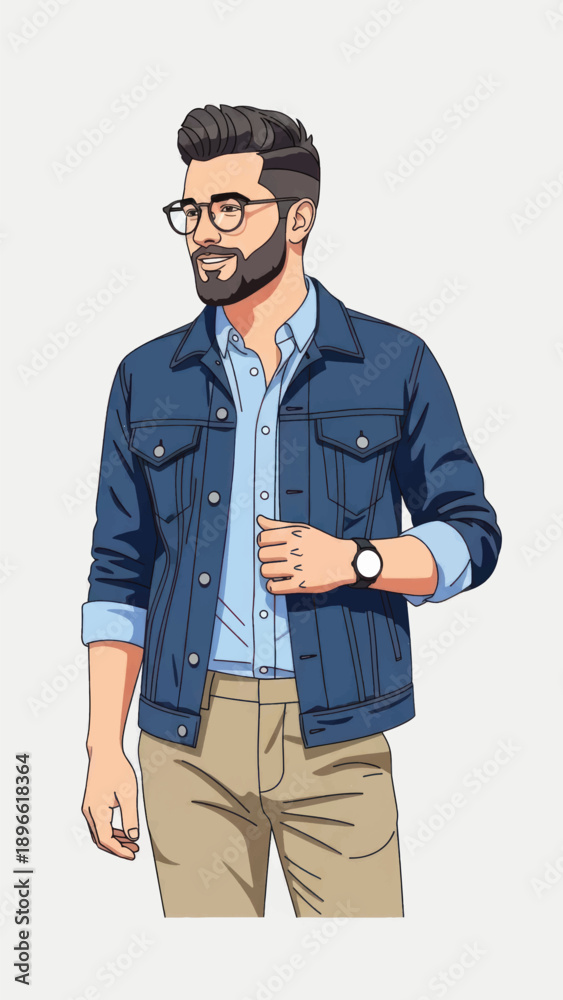 Fototapeta premium Man with Denim Jacket and Glasses Striking Casual Urban Look.