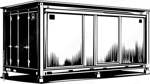 Black and white illustration of a rectangular structure with large glass panels, industrial design