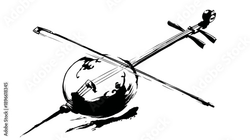 An ink-brushed illustration of a stringed musical instrument and bow on a white backdrop