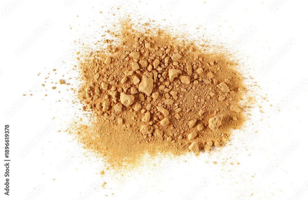 Naklejka premium Red maca organic powder scattered isolated on white, top view 
