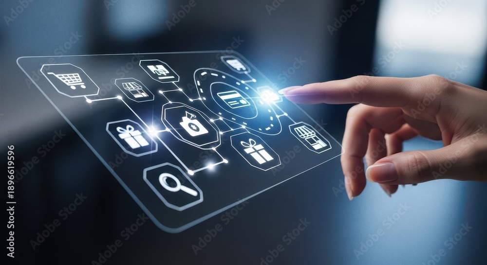 Obraz premium Hand of Person Touching E commerce Digital Interface and Shopping Icons 