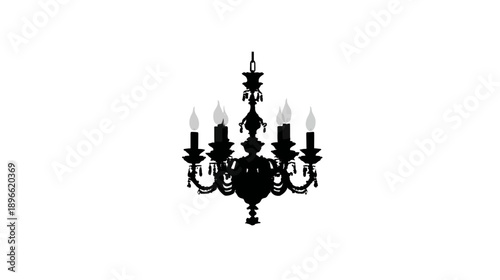A silhouette of a chandelier with six candle flames against a white background
