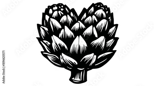A black and white illustration of an artichoke. The leaves are sharply defined and detailed