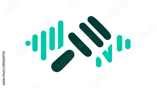 A geometric abstract design with bars and rounded shapes in teal and dark teal against a white background