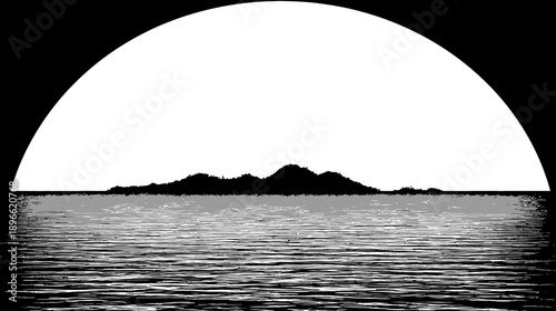 Silhouetted island scene with a partial sun and reflective water