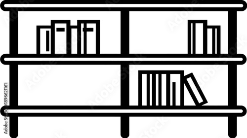 A simple, black and white outline illustration of a bookcase with multiple shelves and books