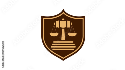 A crest featuring scales of justice, a gavel, and horizontal lines, all inside a shield shape