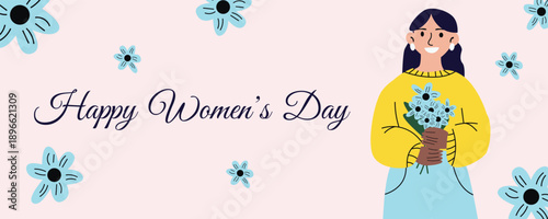 International Womens Day greeting banner with happy woman holding blue flowers 8 March celebration illustration
