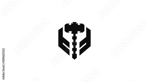 A geometric, monochromatic logo featuring a stylized hammer and shield-like element on white