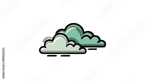 Stylized illustration of overlapping fluffy clouds in shades of green with dark outlines on a white background