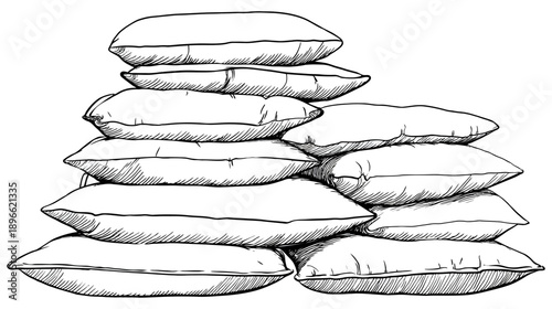 Black and white illustration of numerous pillows stacked in a casual arrangement
