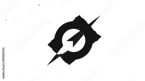 A striking graphic features a dark shape a circle with a lightning bolt, surrounded by jagged edges and a line