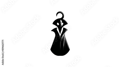 A stylized, black silhouette of a hooded figure with a curved handle, set against a white backdrop
