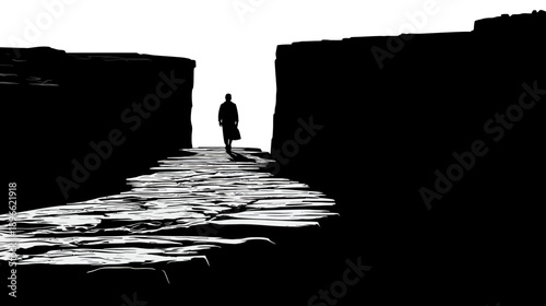 A lone figure walks along a path bordered by dark walls, leading toward bright light
