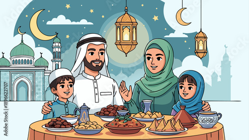 Muslim family celebrating Ramadan with a festive meal and mosque in the background