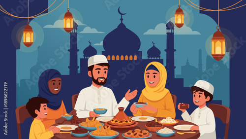 Diverse Muslim family enjoys a festive Iftar meal together with mosque silhouette in background