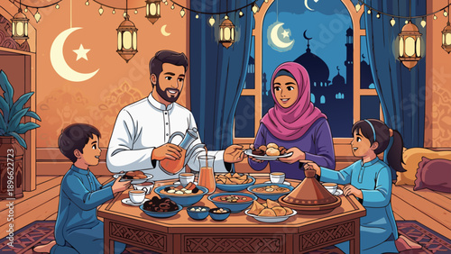 Muslim family enjoying a festive Iftar meal together during Ramadan evening celebrations