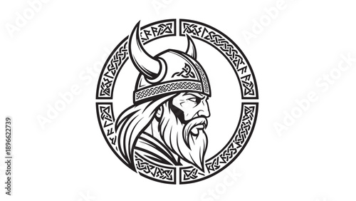 Ornamental Viking Warrior emblem featuring circular knotwork, horned helmet, and heraldic style for a bold graphic logo.