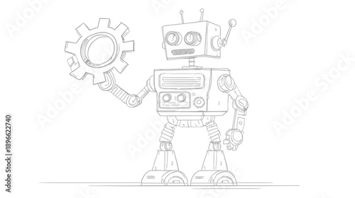 A robotic character, sketched in grey, holding a gear. Its design is mechanical and retro-futuristic