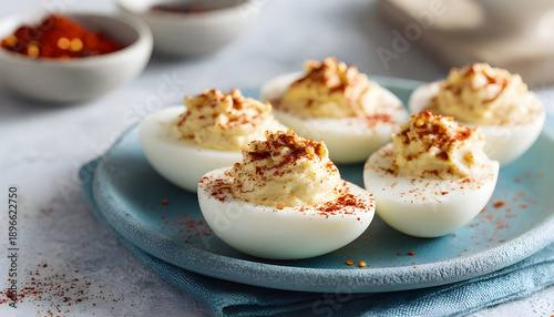 Creamy deviled eggs topped with paprika in a minimalist setting showcasing delicious appetizer details for food photography