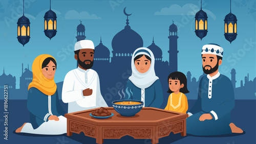 Muslim family gathered for Iftar meal with mosque silhouette and lanterns in background