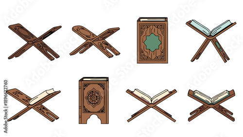 Collection of Islamic Rehal and Quran book illustrations in a flat design style