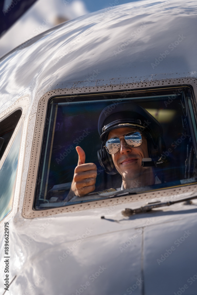 Naklejka premium A young pilot is giving a thumbs up from the cockpit window, signaling readiness to the ground crew on the tarmac
