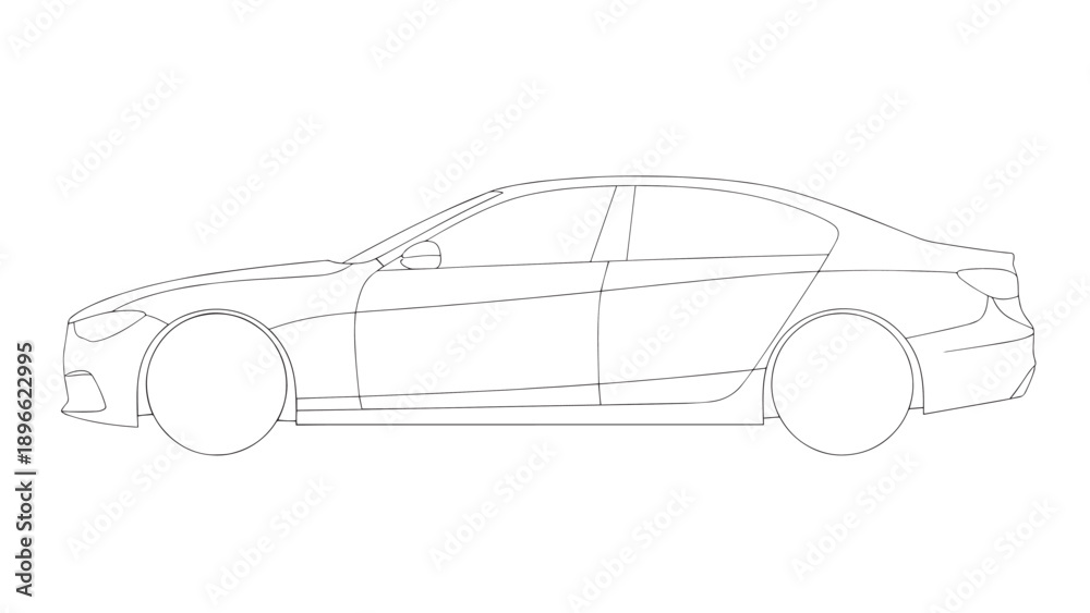 Fototapeta premium Side view line drawing of a modern sedan car in profile for a clean automotive illustration.