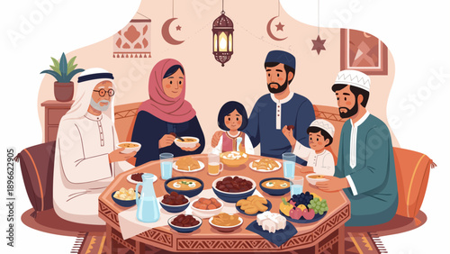 Generational Muslim family enjoys a festive Iftar meal together, sharing food and laughter