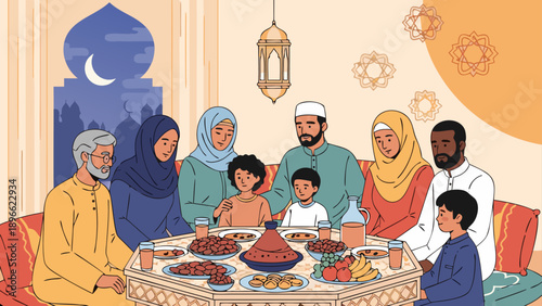 Diverse Muslim family gathers for a festive meal under a crescent moon sky