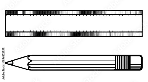 Black and white illustration of a ruler and pencil. Educational or artistic drawing