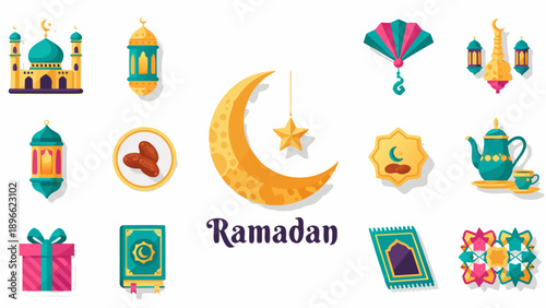 Ramadan Kareem Islamic Icons Collection with Mosque, Lanterns, Dates, and Crescent Moon
