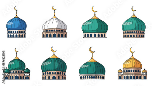 Collection of Islamic mosque domes with crescent moon symbols in various colors and styles