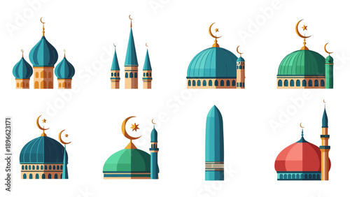Collection of Islamic mosque domes and minarets in various colors and styles