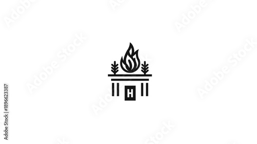 A black and white minimalistic emblem features flames above a building shape
