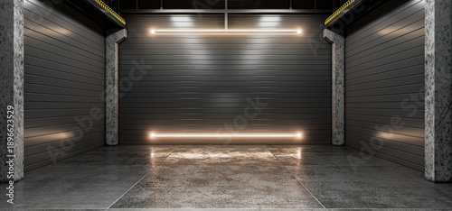 Basement, industrial background with neon lights for futuristic design. Industrial background with neon lights for your product. Futuristic background. Hangar, garage, showroom, workshop. 3D render