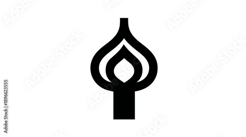 A simple, minimalist black and white abstract design of a flame or light source on a white background