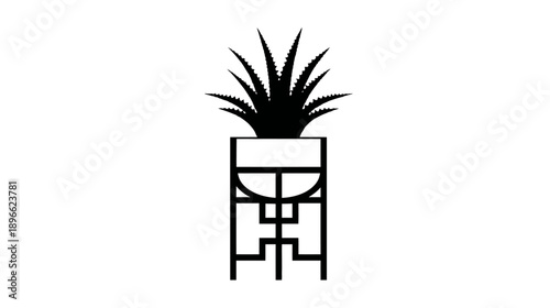 Stylized, minimalist black and white image of a spiky succulent in a geometric pot