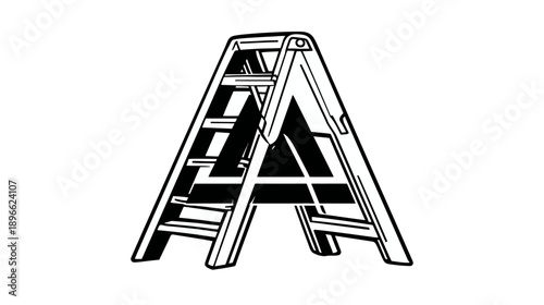 A black and white graphic showing a stepladder overlaid with the letter 'A' in a modern design